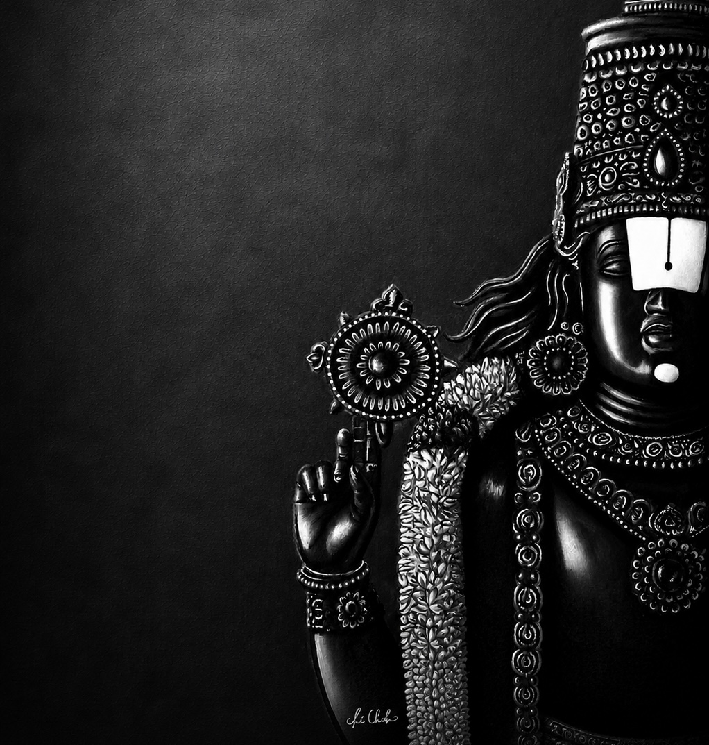Hand-drawn charcoal portrait of Lord Venkateswara by Hithesh Vunnam